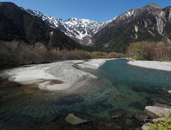 上高地から梓川と穂高岳を望む