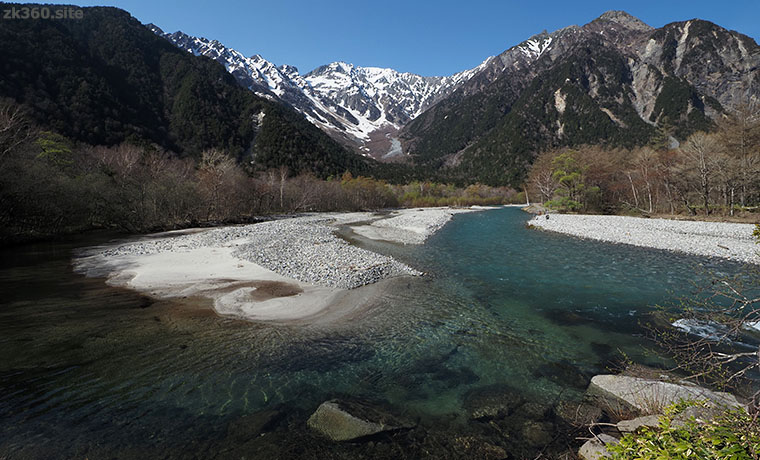 上高地から梓川と穂高岳を望む